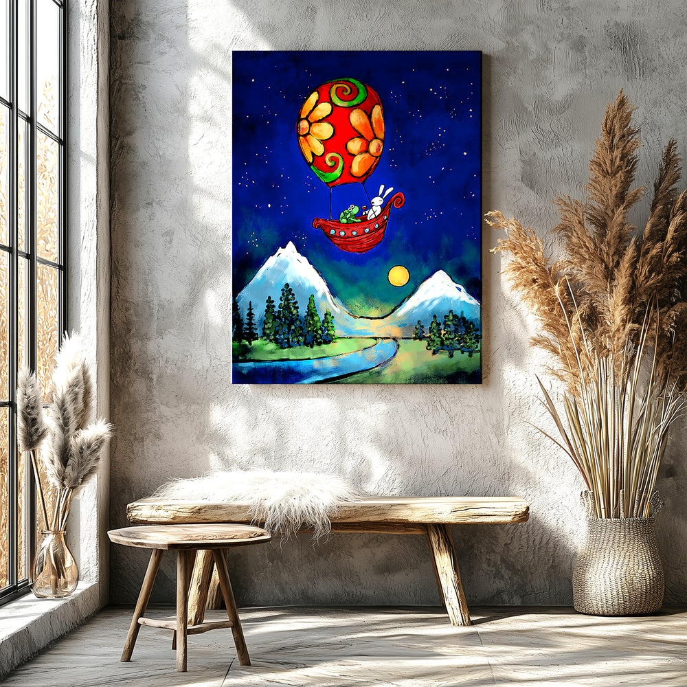 Rewrite Your Story Rabbit and Turtle in Hot Air Balloon Paper / 16x20 / Unframed