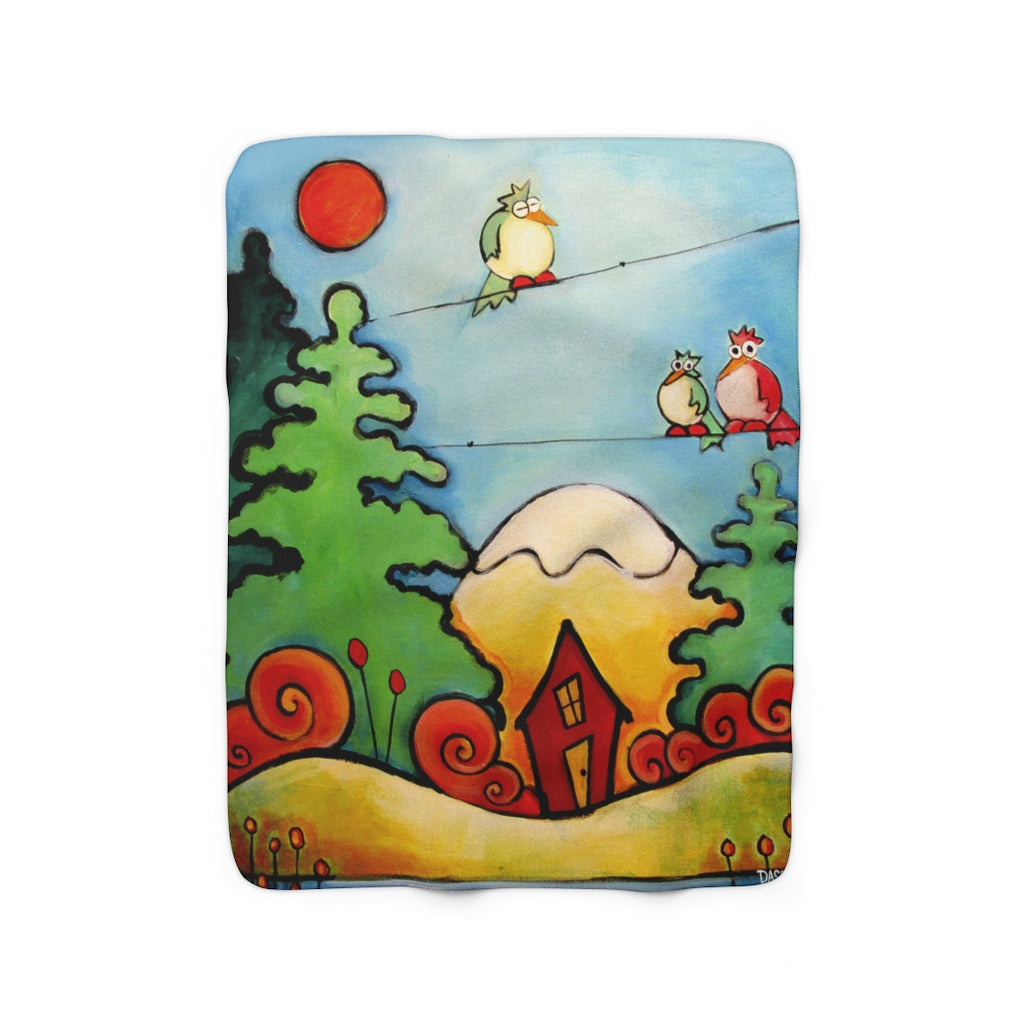 Lazy Birds in Woods with Cabin Sherpa Fleece Blanket