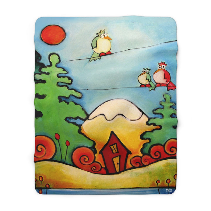 Lazy Birds in Woods with Cabin Sherpa Fleece Blanket
