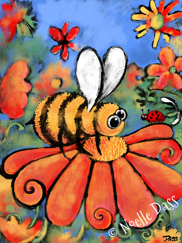 Bee and ladybug together among flowers on a day out, colorful friendship art print