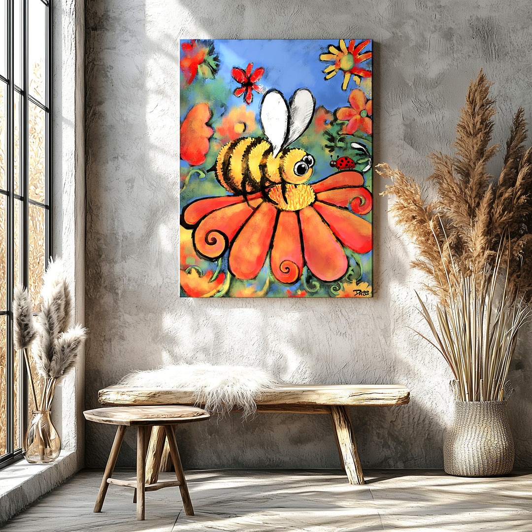 Bee and ladybug together among flowers on a day out, colorful friendship art print