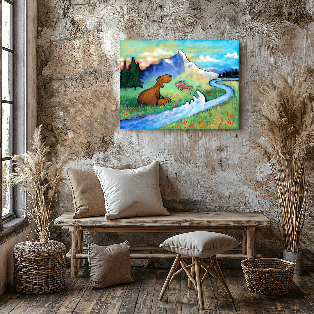 Bear and salmon fish in a river from different perspectives, colorful philosophical art print