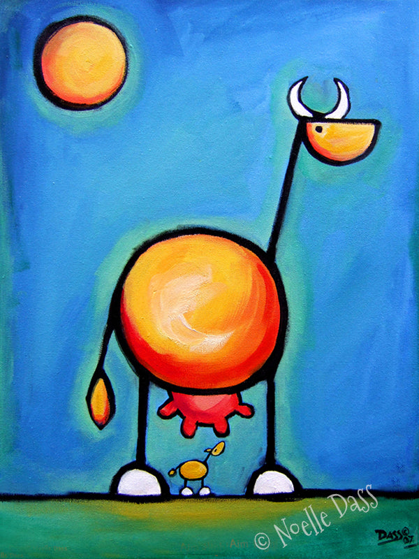 Mama cow and baby calf looking upward together, colorful animal art print