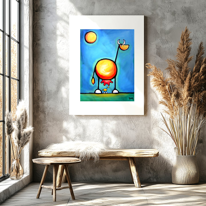 Mama cow and baby calf looking upward together, colorful animal art print