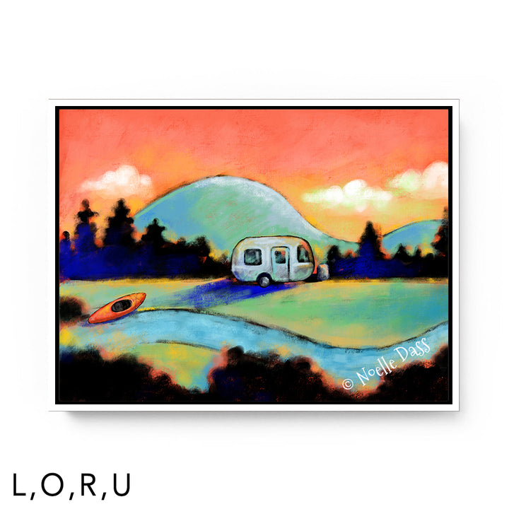Airstream and Kayak Dreams U: Framed Canvas - White 30x40 in.