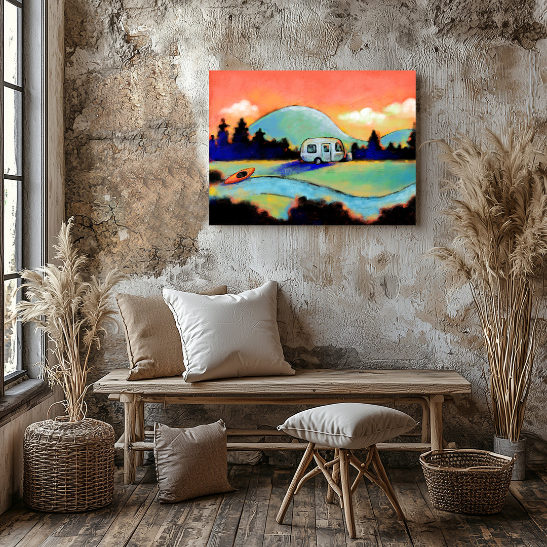 Airstream camper parked by a river with kayak, colorful camping and adventure art print