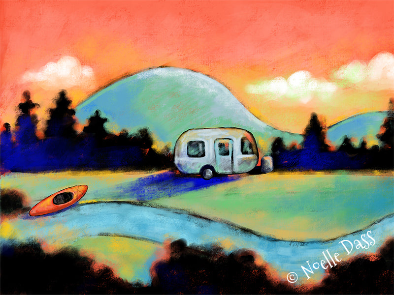 Airstream camper parked by a river with kayak, colorful camping and adventure art print