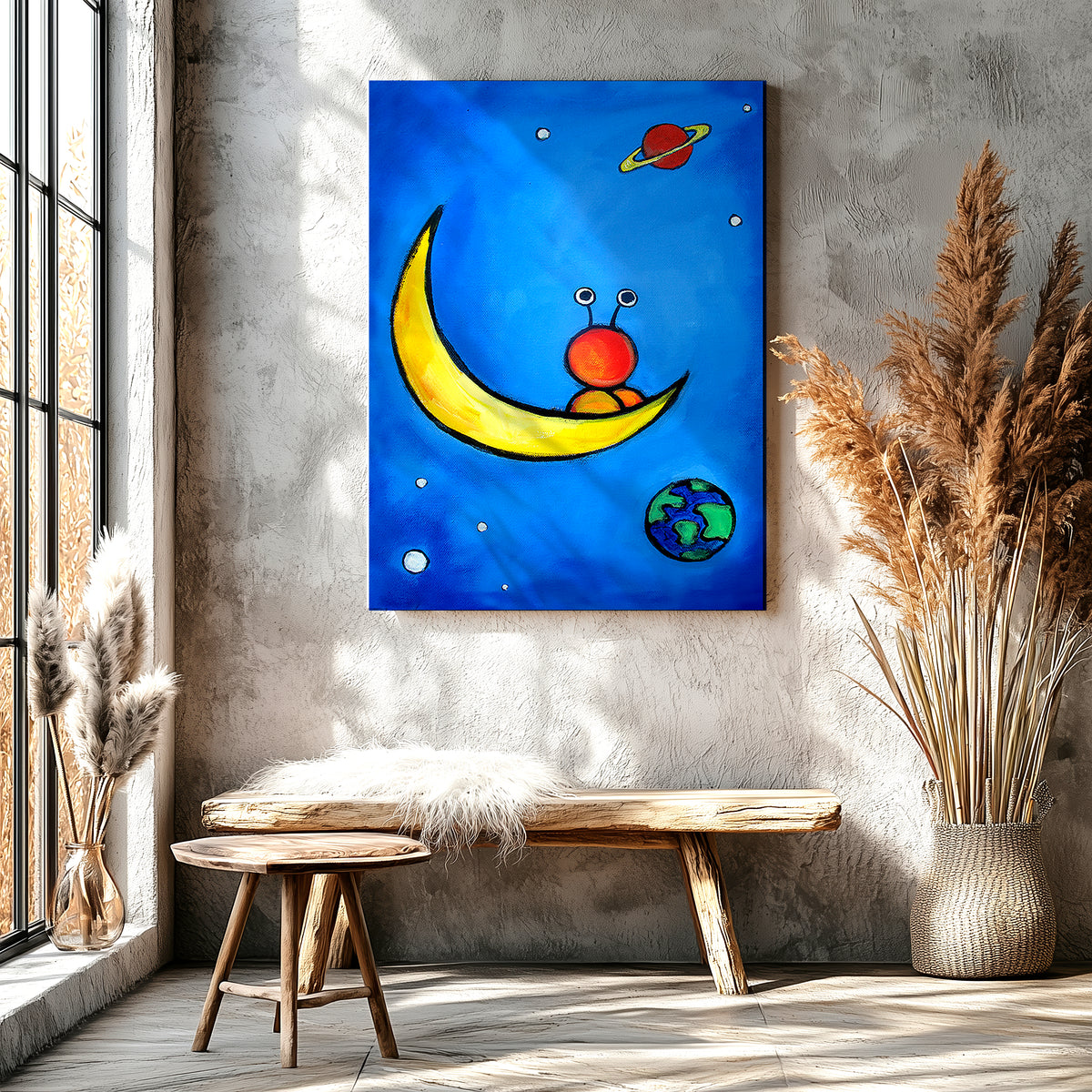 Alien exploring the outdoors under moon and stars, colorful funny alien art print
