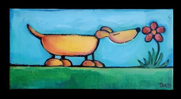 Original Long Dog and Flower Friend 6x12 Canvas