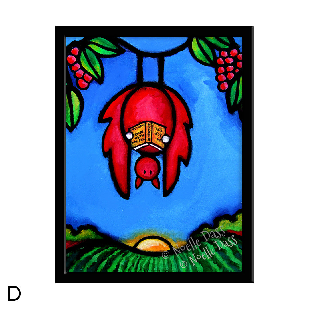 Bat Reading Hemingway (If the Sun Also Rises) D. Framed 6x8 in. paper