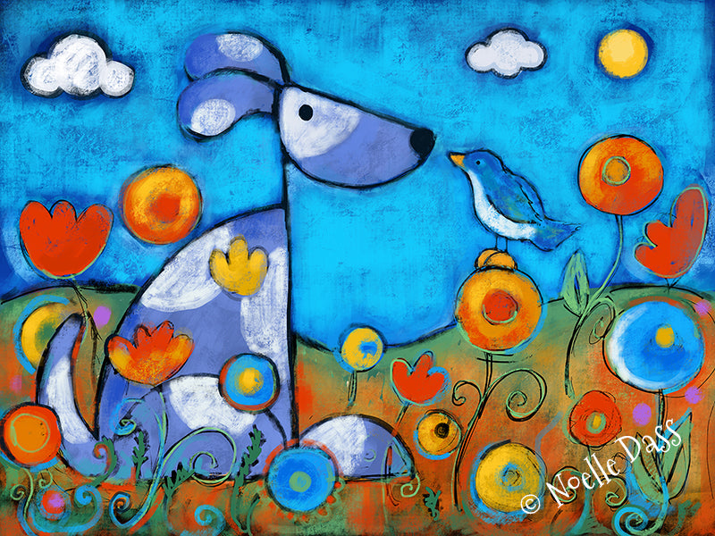 Dog and bird as best friends together in a flower field, colorful friendship art print