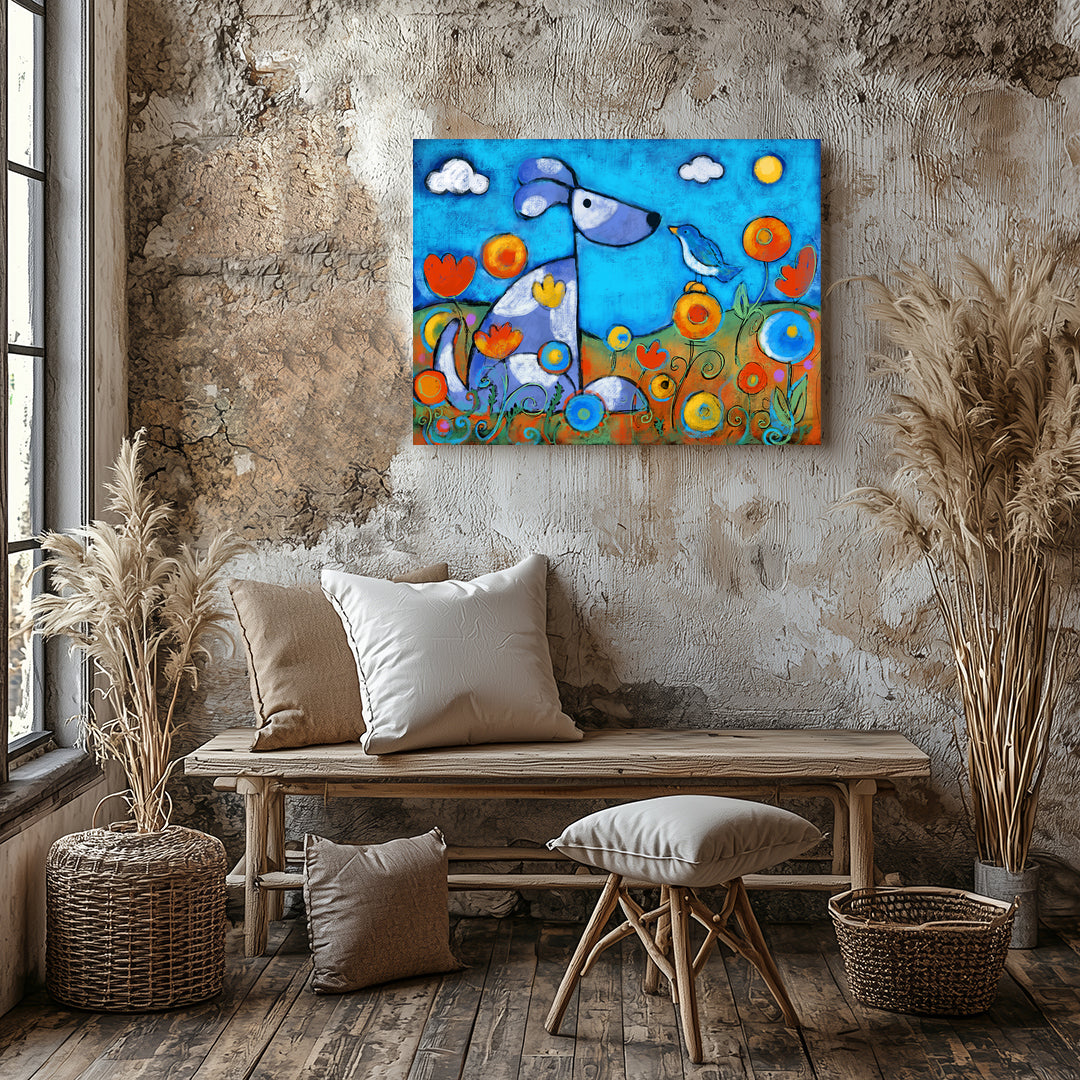 Dog and bird as best friends together in a flower field, colorful friendship art print