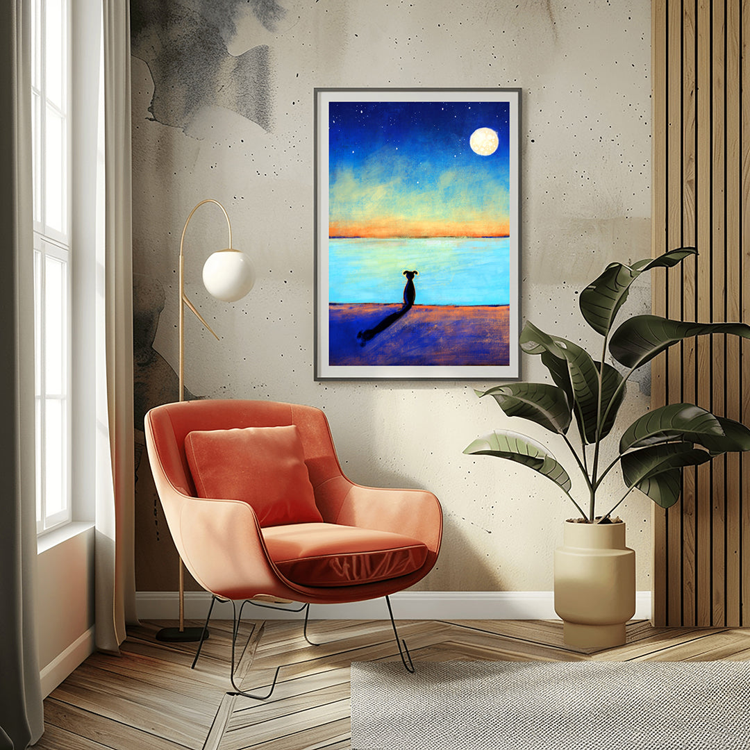 Dog sitting alone on beach watching the ocean, peaceful contemplative dog art print