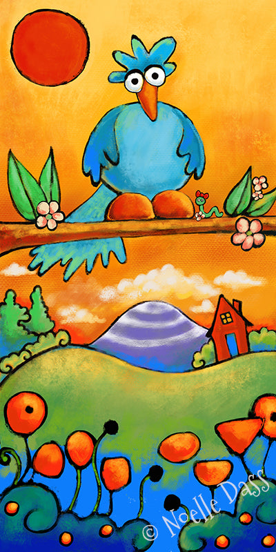 Person bird watching with binoculars among colorful birds, nature art print