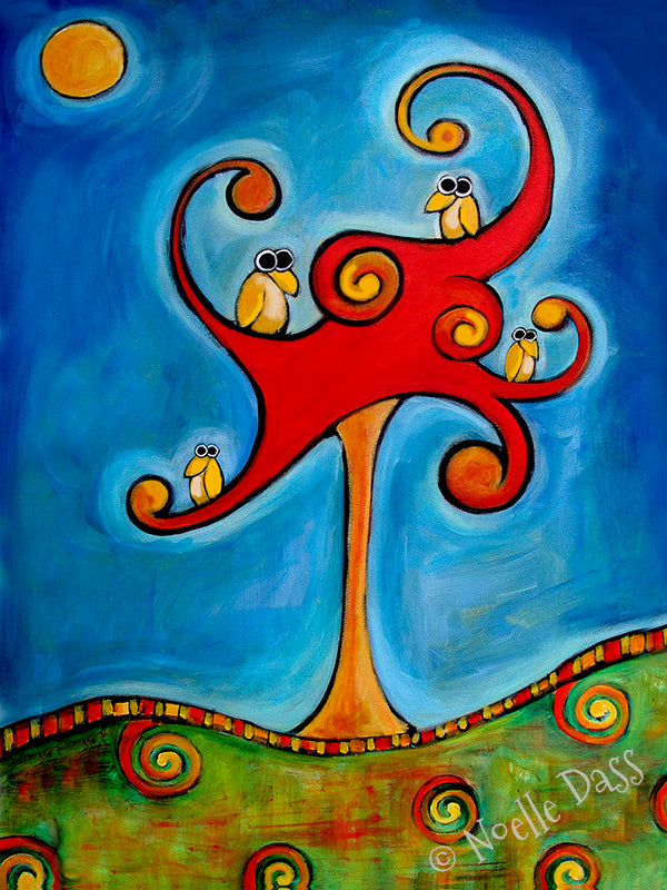 Group of colorful birds in a meeting, funny colorful bird art print