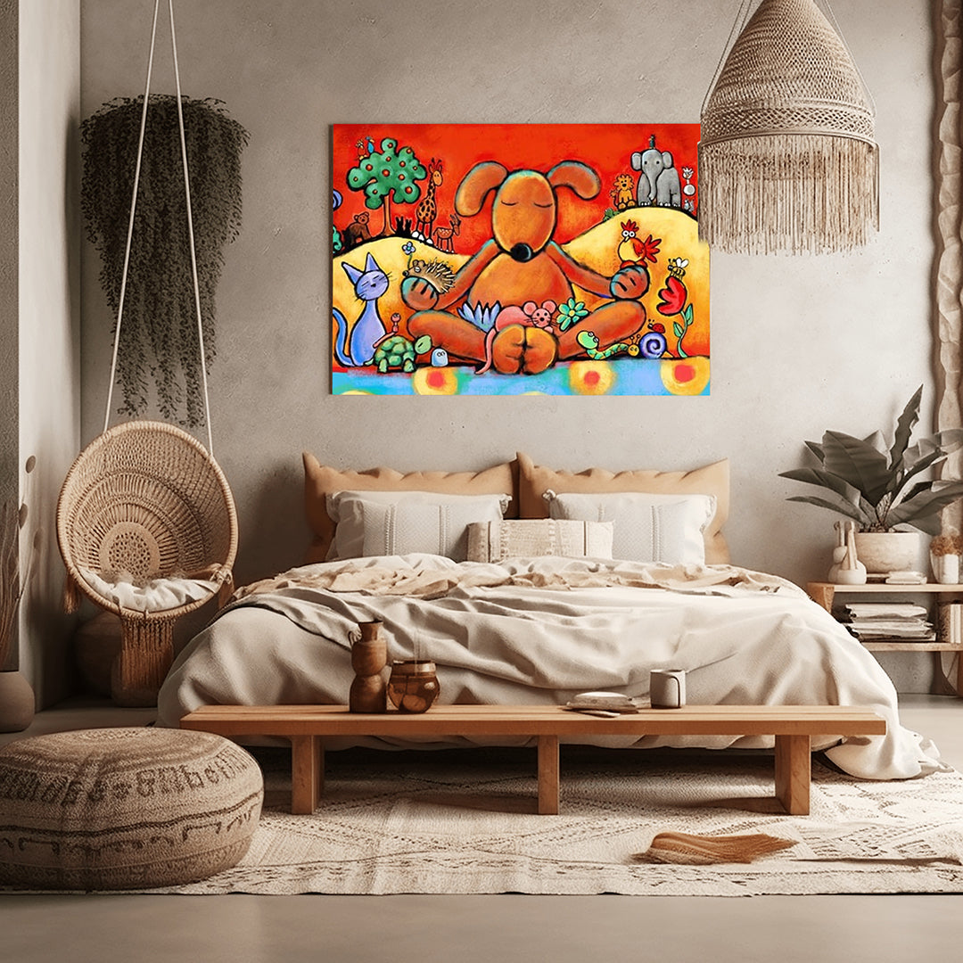 Dog depicted as a Buddha lama with other animals, colorful dog wisdom art print