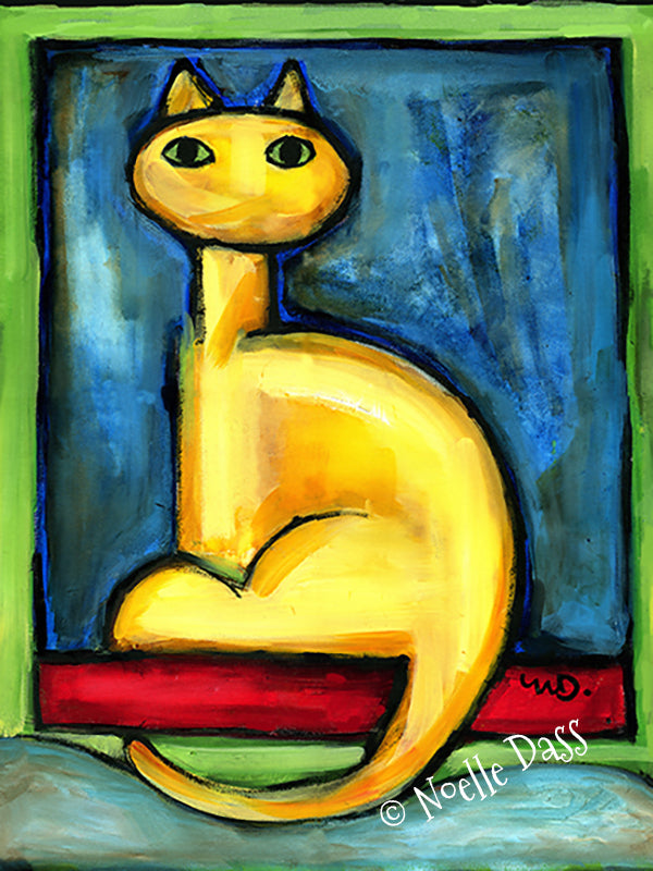 Cat sitting on a sunlit windowsill, colorful classic cat art print