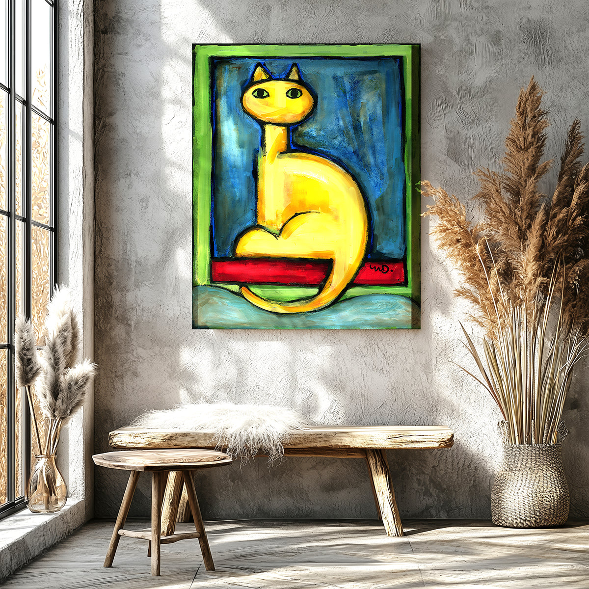 Cat sitting on a sunlit windowsill, colorful classic cat art print