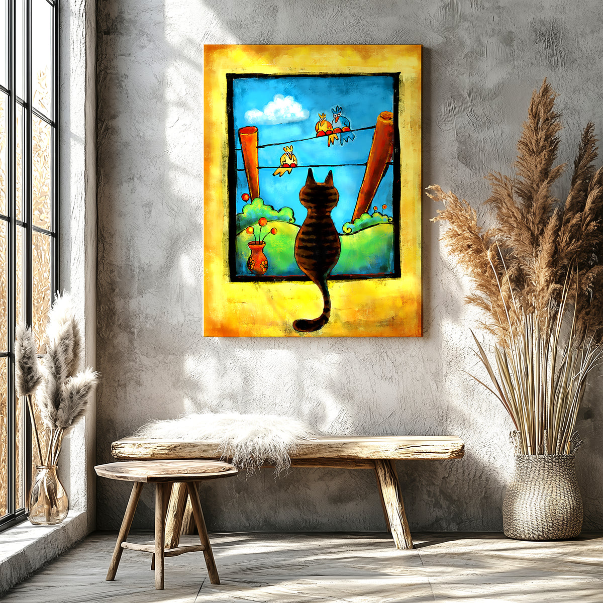 Cat and bird in an intense staring contest, funny colorful animal art print