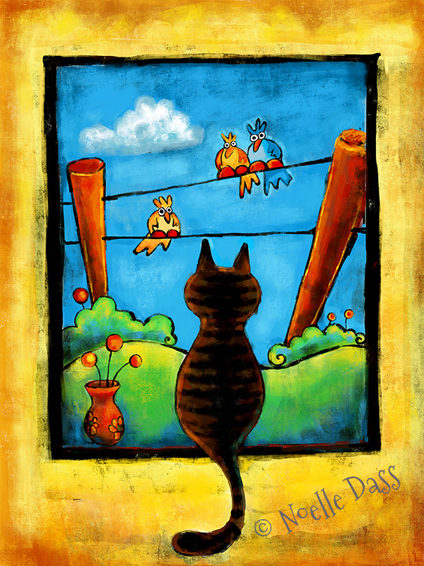 Cat and bird in an intense staring contest, funny colorful animal art print