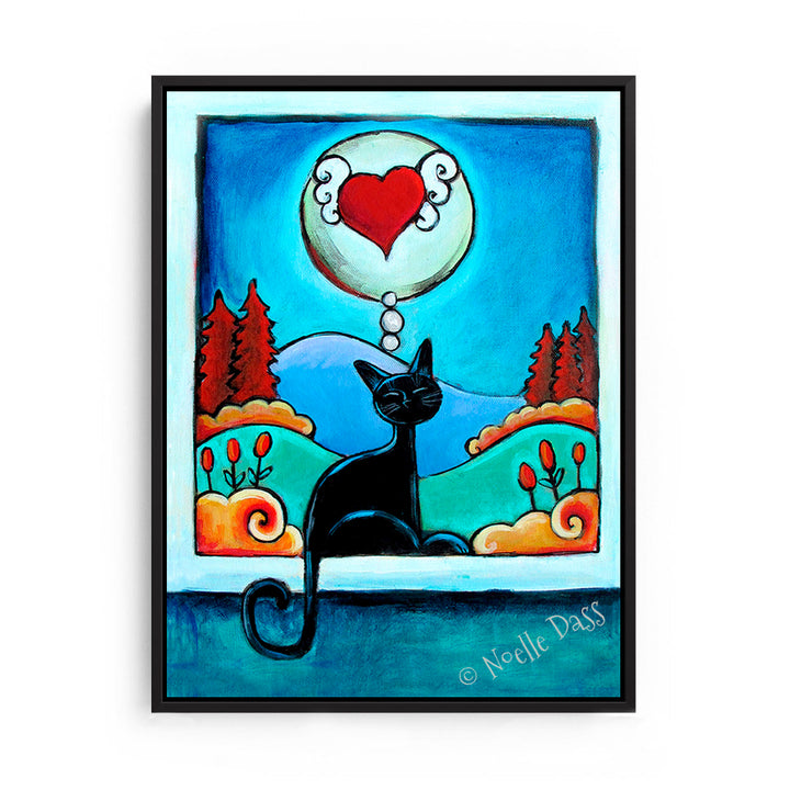 Thinking of You...Cat Art Canvas / 11x14 / Black Floating Frame