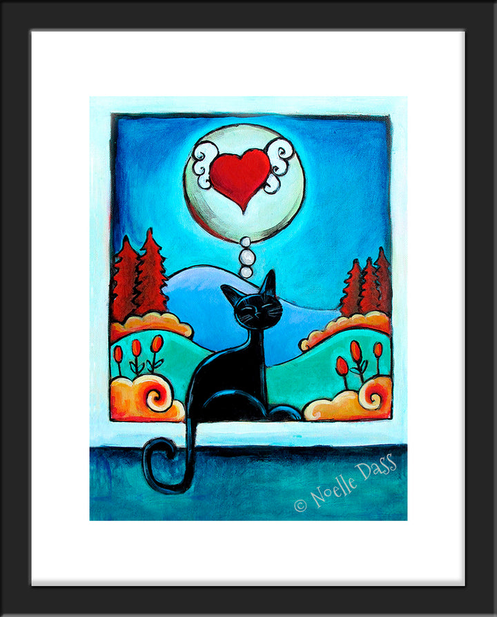 Thinking of You...Cat Art Paper / 11x14 with white border/image is 8x10 / Black Frame
