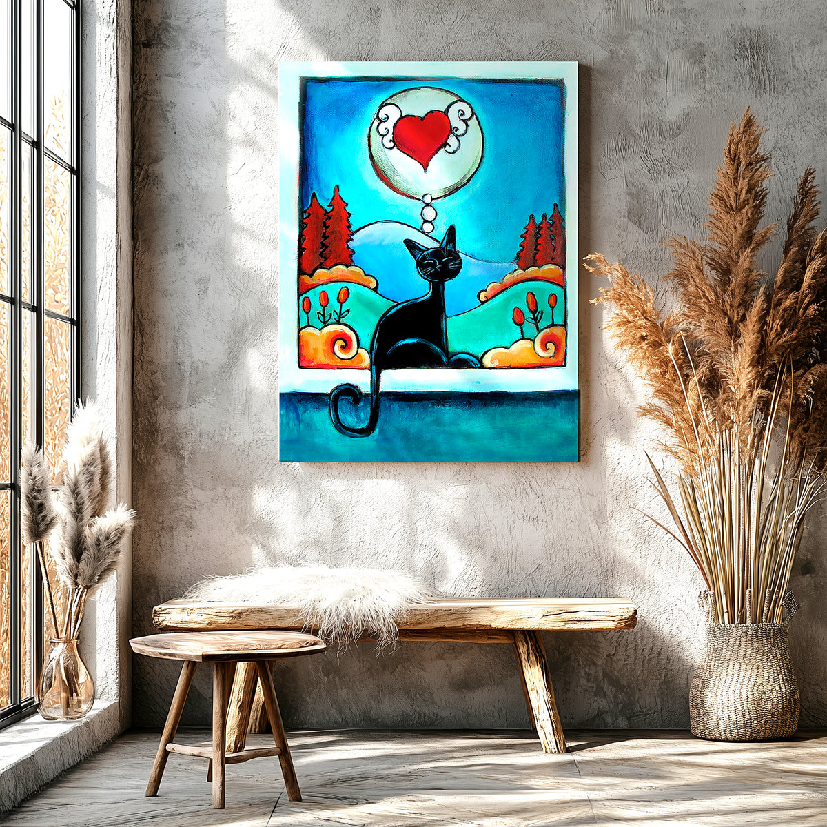 Cat holding a small heart and thinking of someone, sweet colorful cat art print