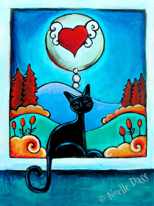 Cat holding a small heart and thinking of someone, sweet colorful cat art print