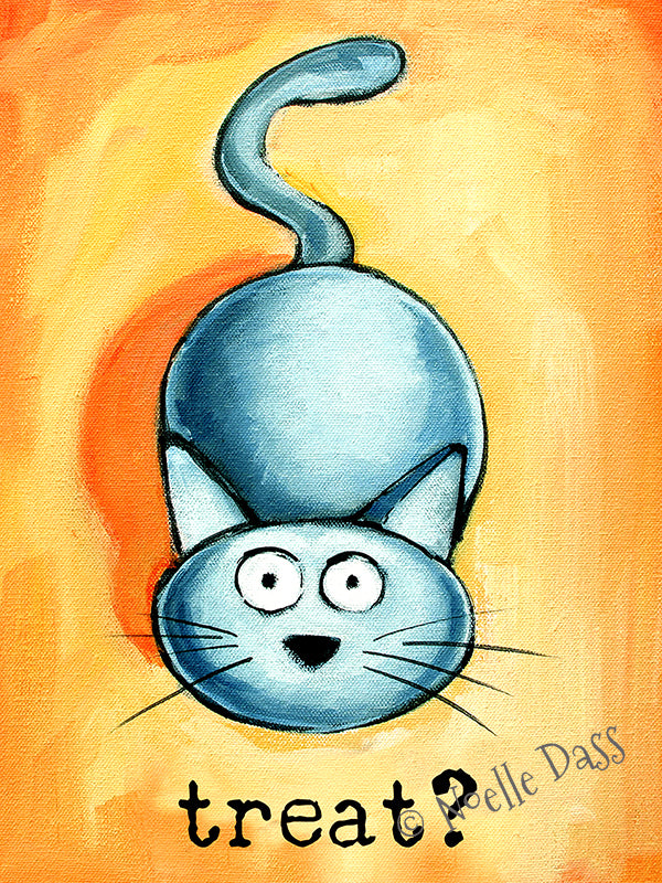 Cat intensely focused on getting a treat, funny colorful cat art print