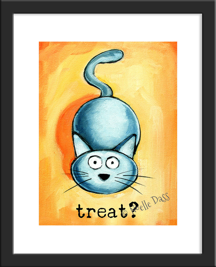 Treat? Cat art Paper / 11x14 with white border/image is 8x10 / Black Frame