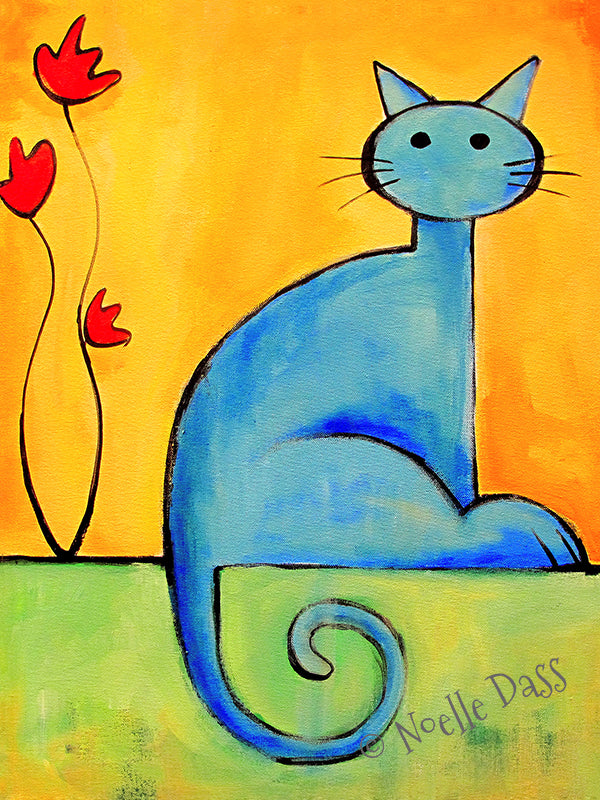 Colorful cat looking at a flower with curiosity, sweet cat with flower art print