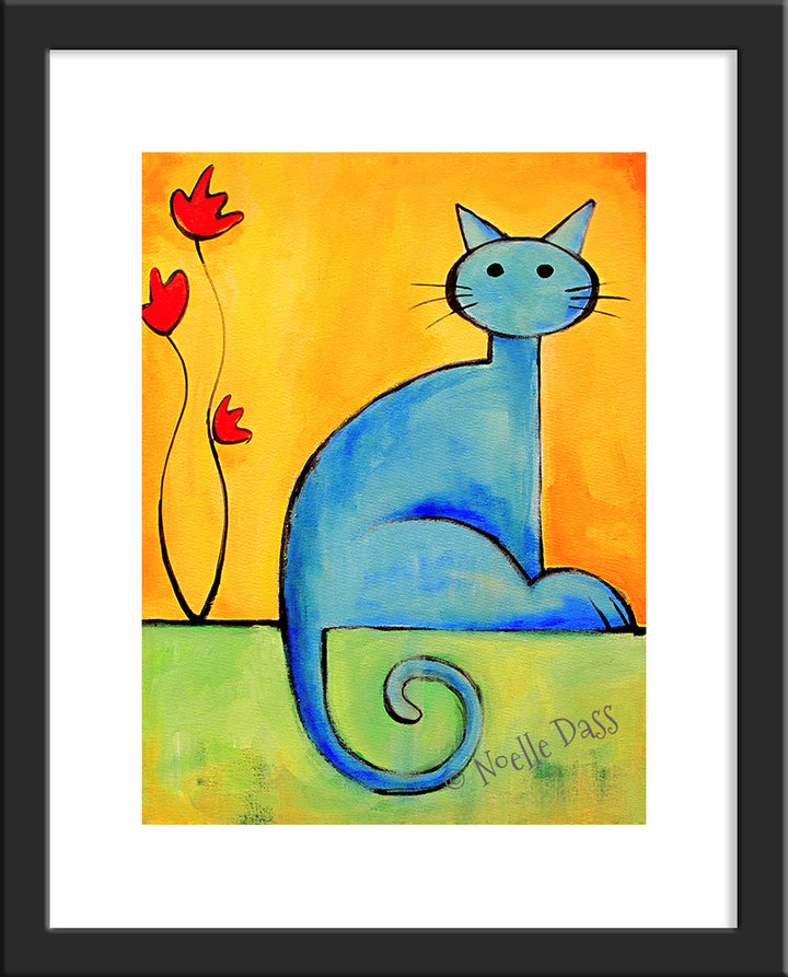 Cat with Flower Paper / 11x14 with white border/image is 8x10 / Black Frame