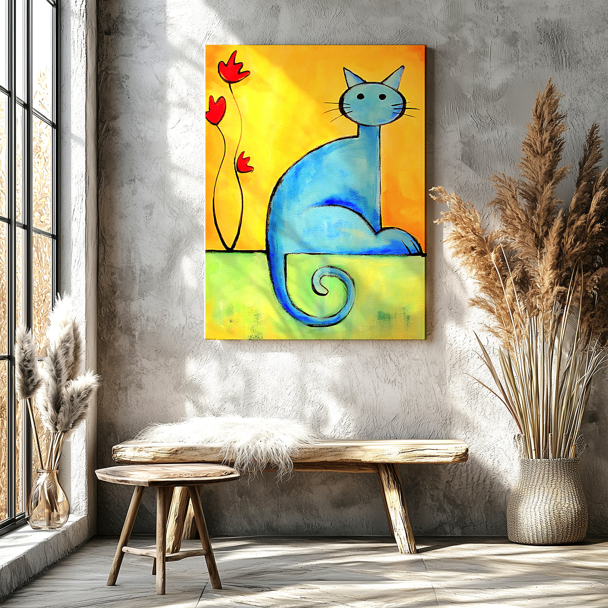 Colorful cat looking at a flower with curiosity, sweet cat with flower art print