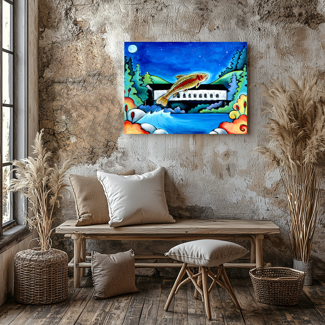 Trout jumping over McKenzie River landscape, colorful fishing nature art print