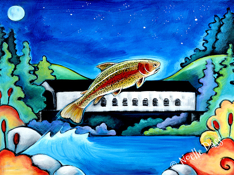 Trout jumping over McKenzie River landscape, colorful fishing nature art print