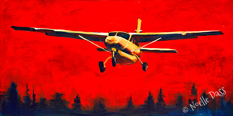 Cessna Caravan aircraft flying into wildfire smoke, dramatic firefighting aviation art print