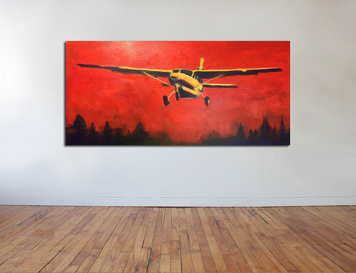 Cessna Caravan aircraft flying into wildfire smoke, dramatic firefighting aviation art print