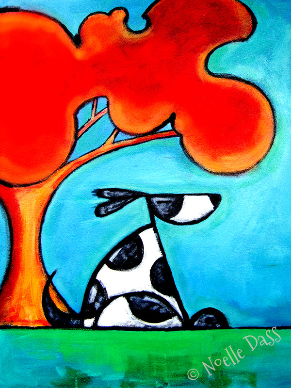 Cool dog resting under a shade tree in black and white, relaxed dog art print
