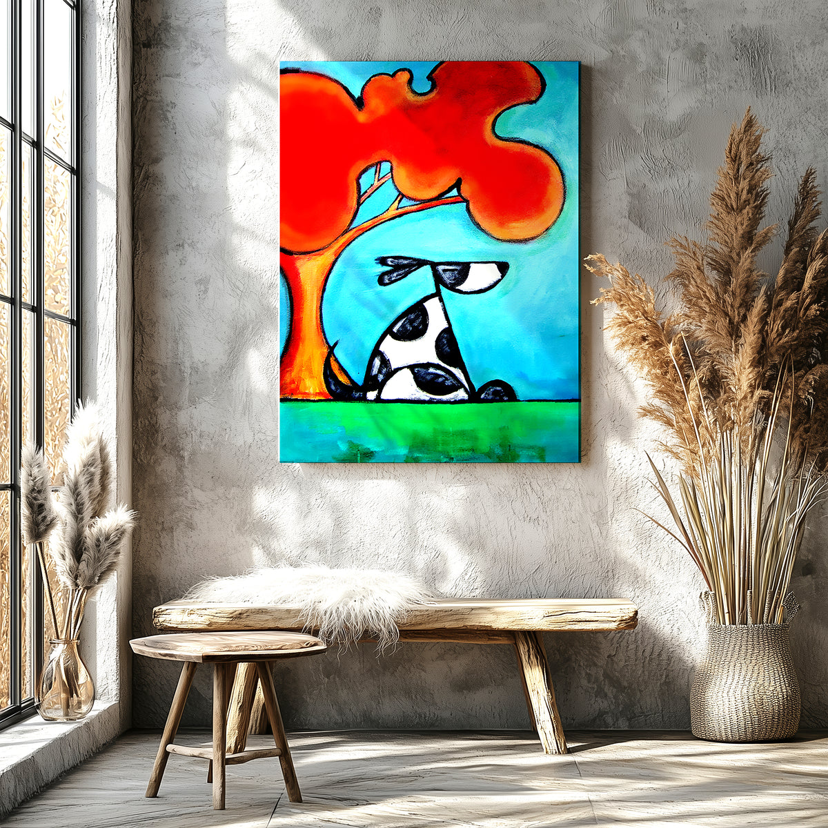 Cool dog resting under a shade tree in black and white, relaxed dog art print