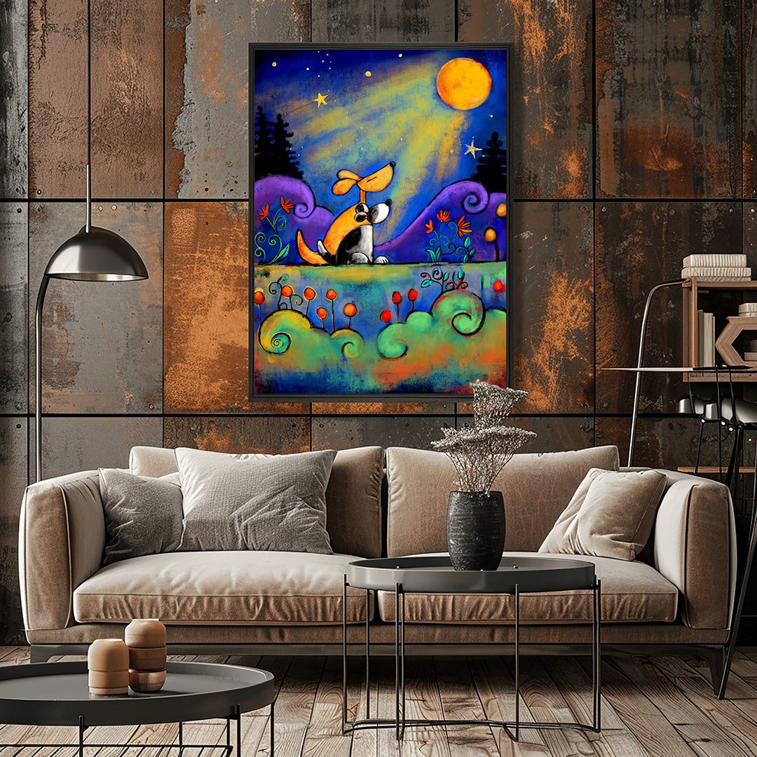 Two dogs looking at the moon together at night, warm romantic dog art print