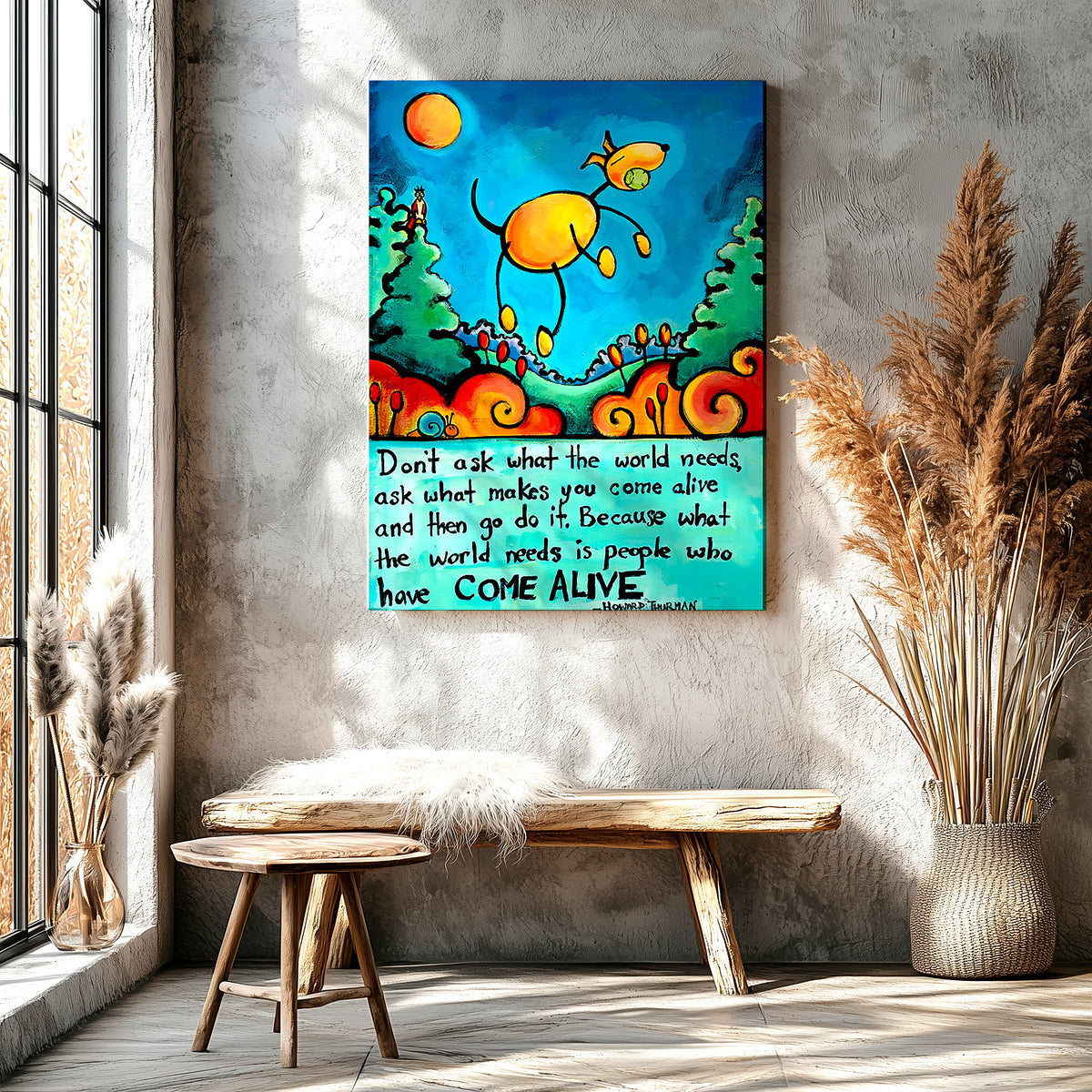 Dog full of joy with Howard Thurman do what makes you come alive quote, colorful dog art print