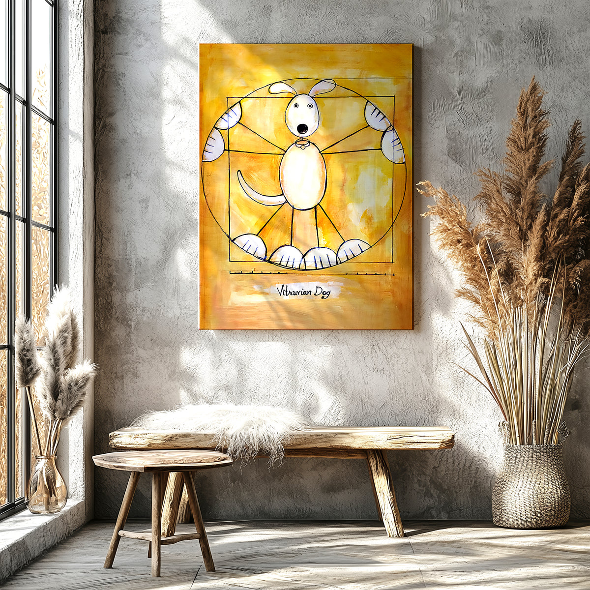 Dog in Vitruvian Man pose, funny art history dog art print