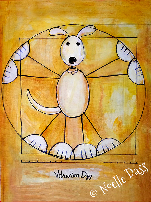 Dog in Vitruvian Man pose, funny art history dog art print