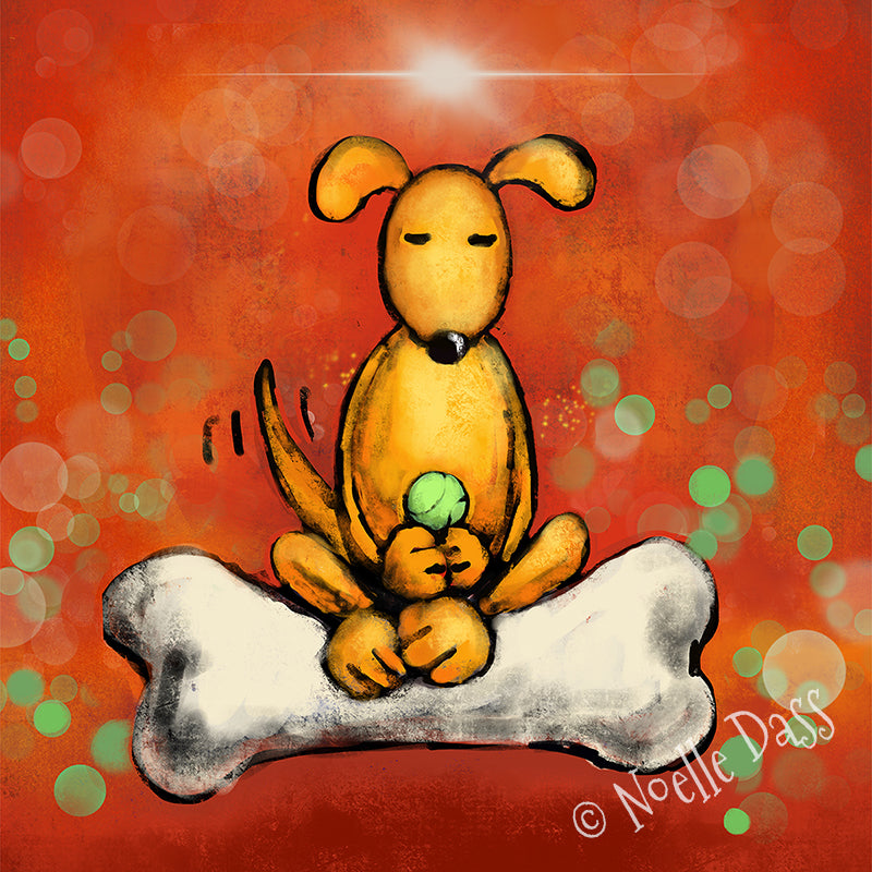 Dog meditating in lotus pose with tennis ball, funny zen dog art print
