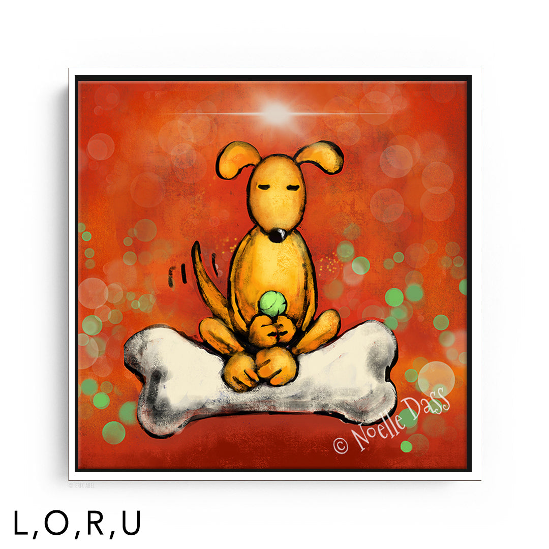 Doggie-Lightenment framed canvas art print with a white floating frame by Noelle Dass