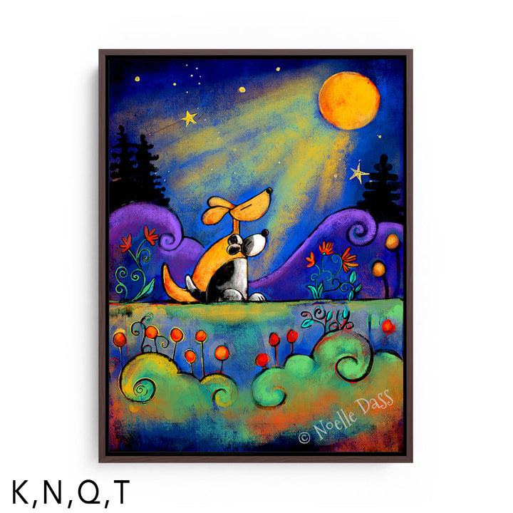 No place I would rather be than here with you...| Dogs looking at moon T: Framed Canvas - Brown 30x40 in.