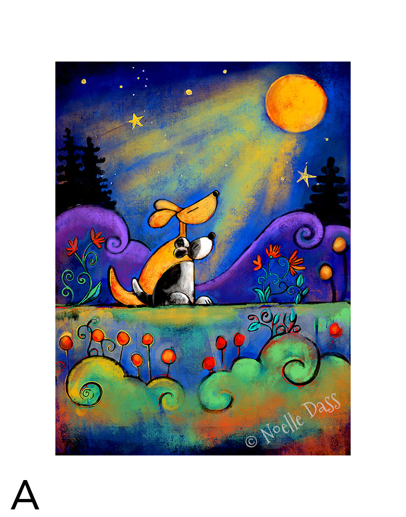 No place I would rather be than here with you...| Dogs looking at moon A. 11x14 in. archival paper with white border - image is 8x10