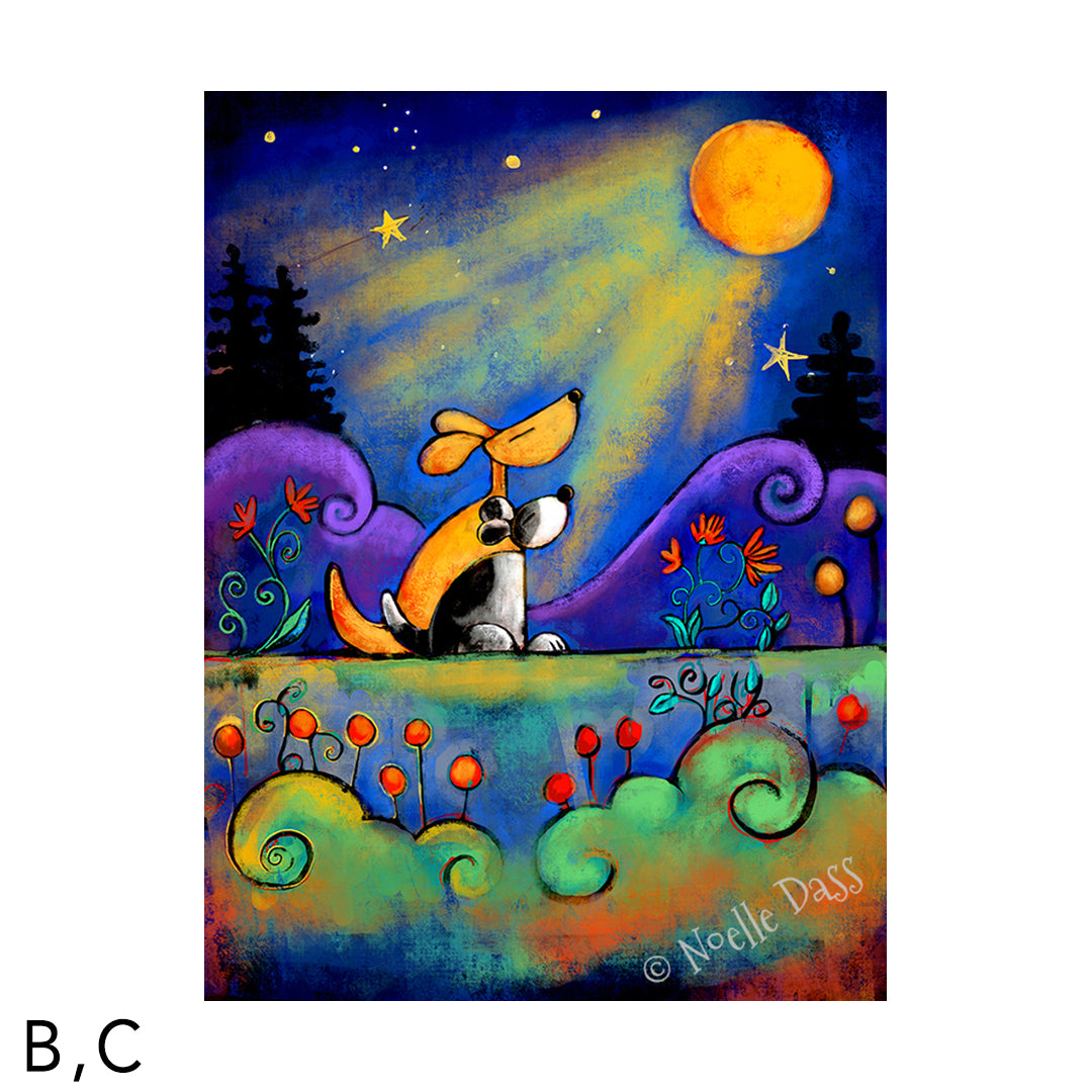 No place I would rather be than here with you...| Dogs looking at moon C. Archival Paper - Image is 18x24 in.