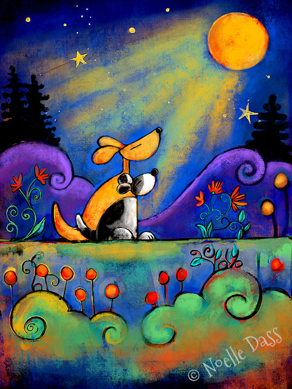 Two dogs looking at the moon together at night, warm romantic dog art print