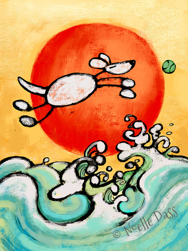 Dog leaping into ocean waves in vintage Japanese woodblock art style, bold dog art print